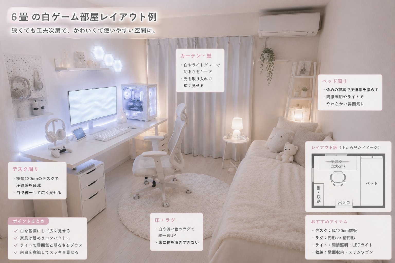 6畳向けの白いゲーム部屋レイアウト